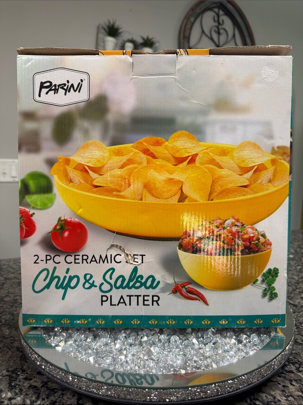 Parini Yellow 2-Pc Ceramic Chip & Salsa Platter Set NEW
